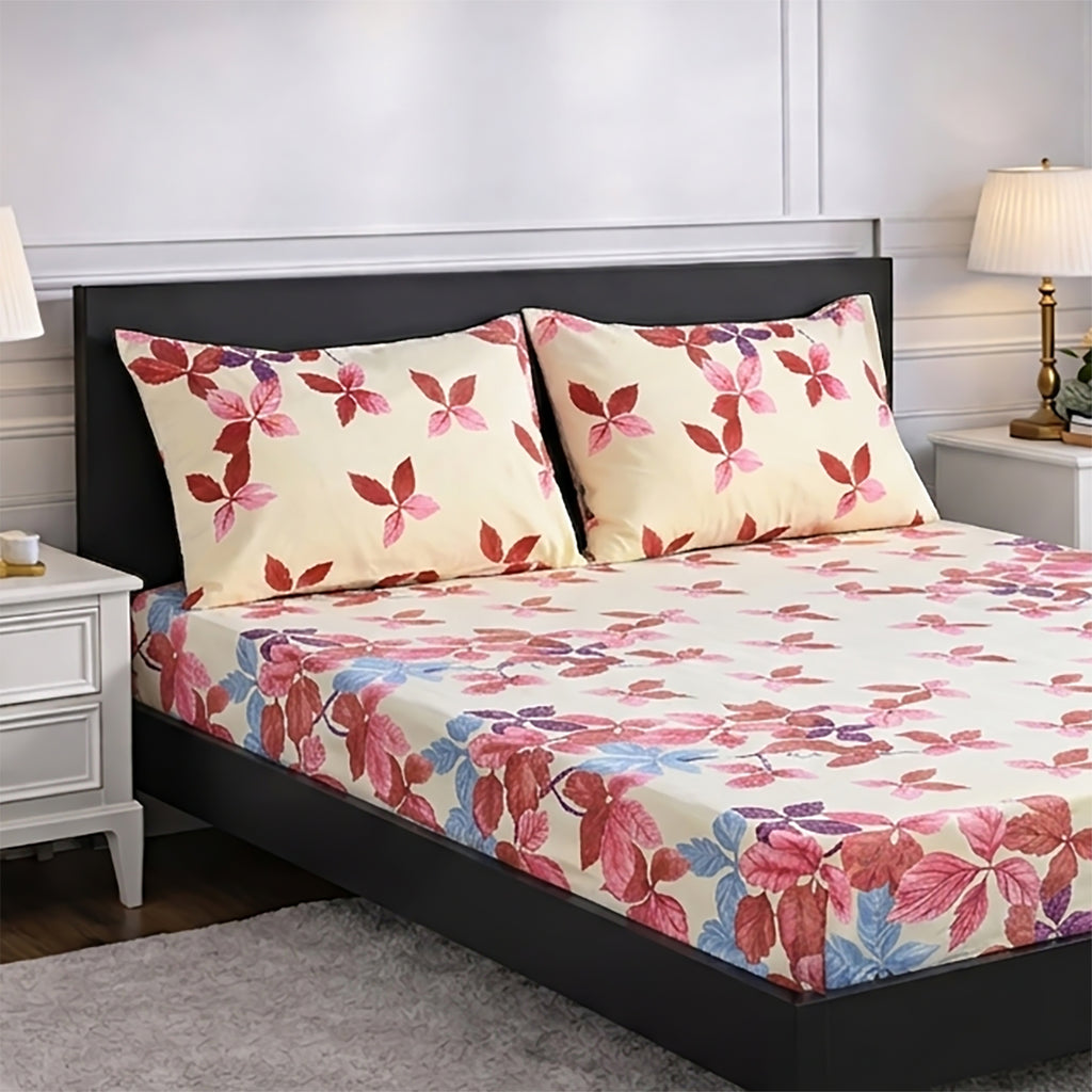 Livmore Set of 3 Printed Micro Fitted Sheets With 2 x Pillow Cases For Double Bed (Size 140x190x30Cm) - Cream & Rose Pink_8324249_2