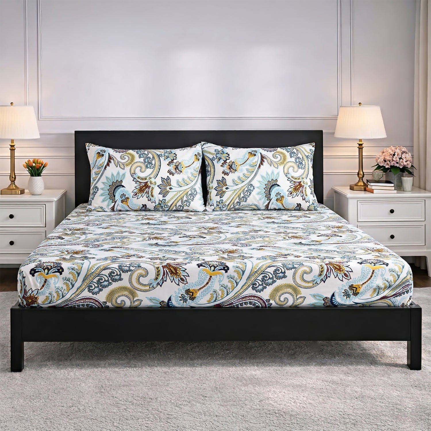 Livmore Set of 3 Printed Micro Fitted Sheets With 2 x Pillow Cases For Double Bed (Size 140x190x30Cm) - Blue White &amp; Multicolour V32513951 2