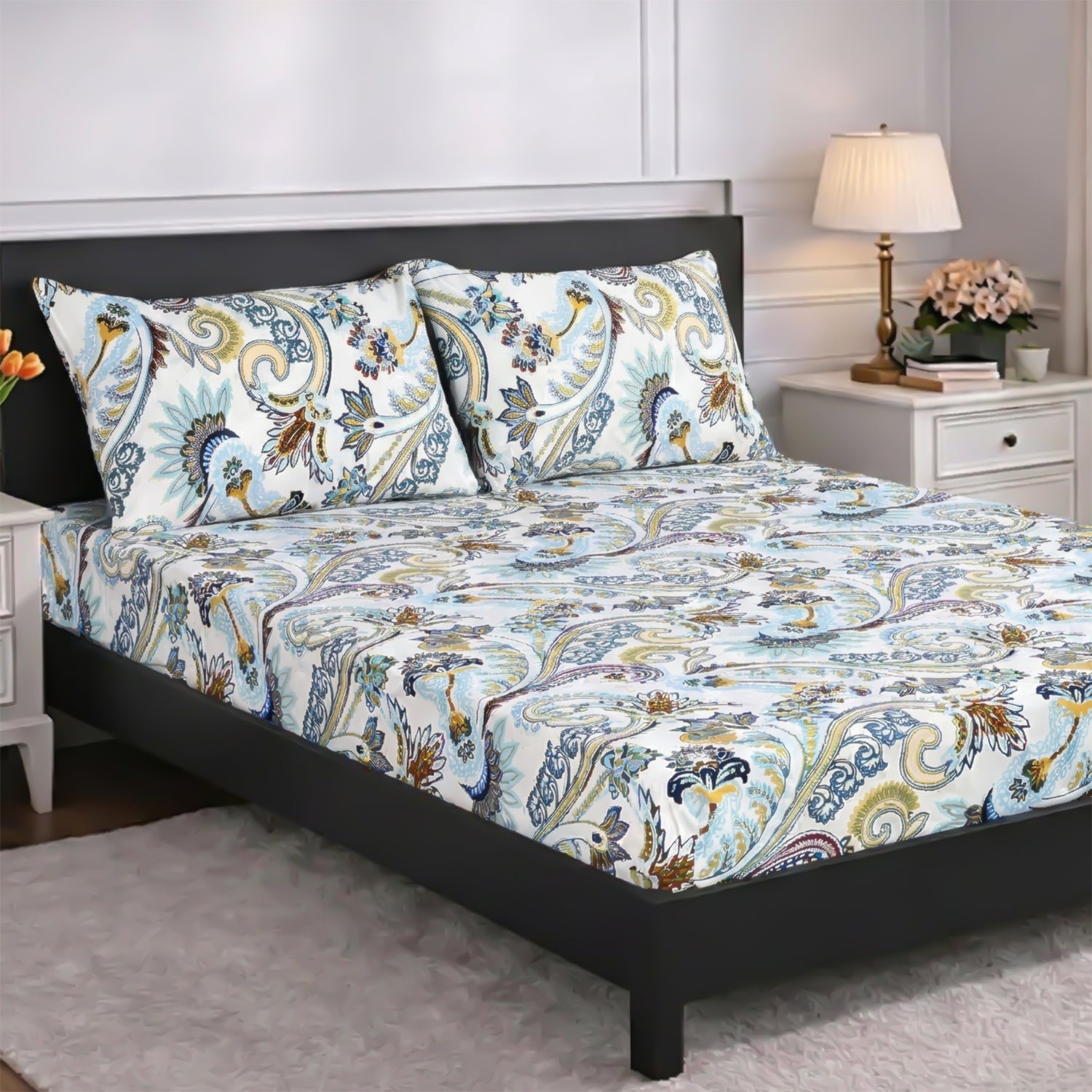 Livmore Set of 3 Printed Micro Fitted Sheets With 2 x Pillow Cases For Double Bed (Size 140x190x30Cm) - Blue White &amp; Multicolour V32513951 3