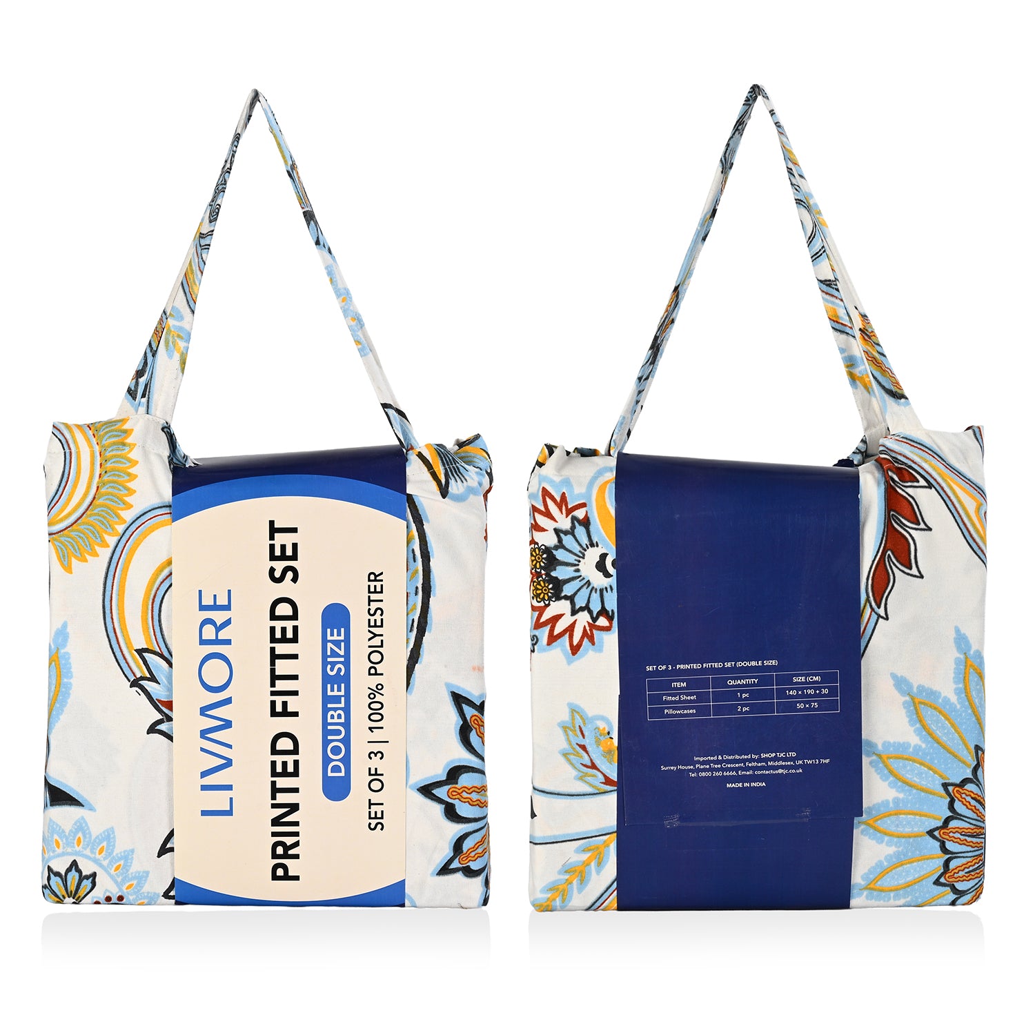 Livmore Set of 3 Printed Micro Fitted Sheets With 2 x Pillow Cases For Double Bed (Size 140x190x30Cm) - Blue White &amp; Multicolour V32513951 8
