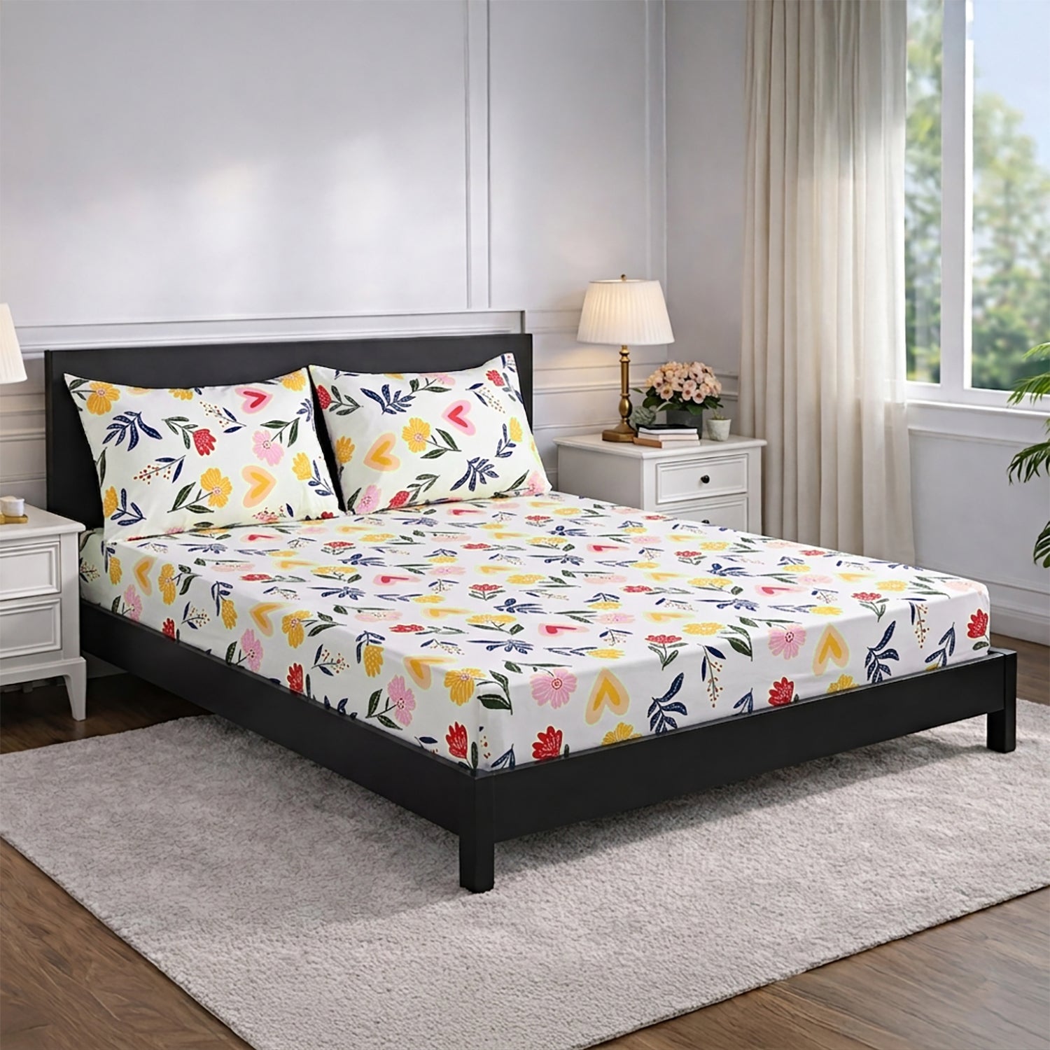Livmore Set of 3 Printed Micro Fitted Sheets With 2 x Pillow Cases King Bed (Size 150x200x30 Cm) - White, Yellow &amp; Multicolour V32513229 0