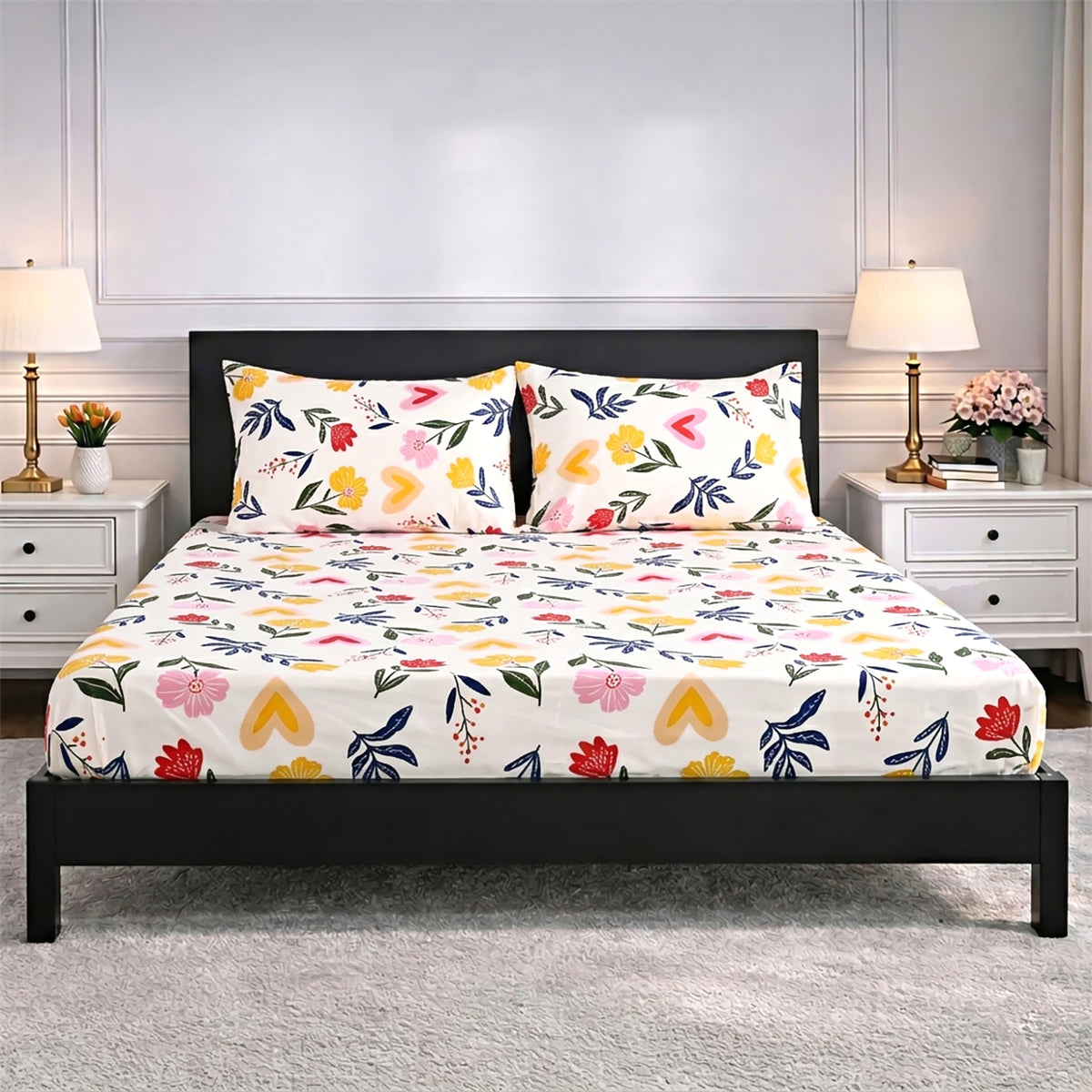 Livmore Set of 3 Printed Micro Fitted Sheets With 2 x Pillow Cases King Bed (Size 150x200x30 Cm) - White, Yellow &amp; Multicolour V32513229 2