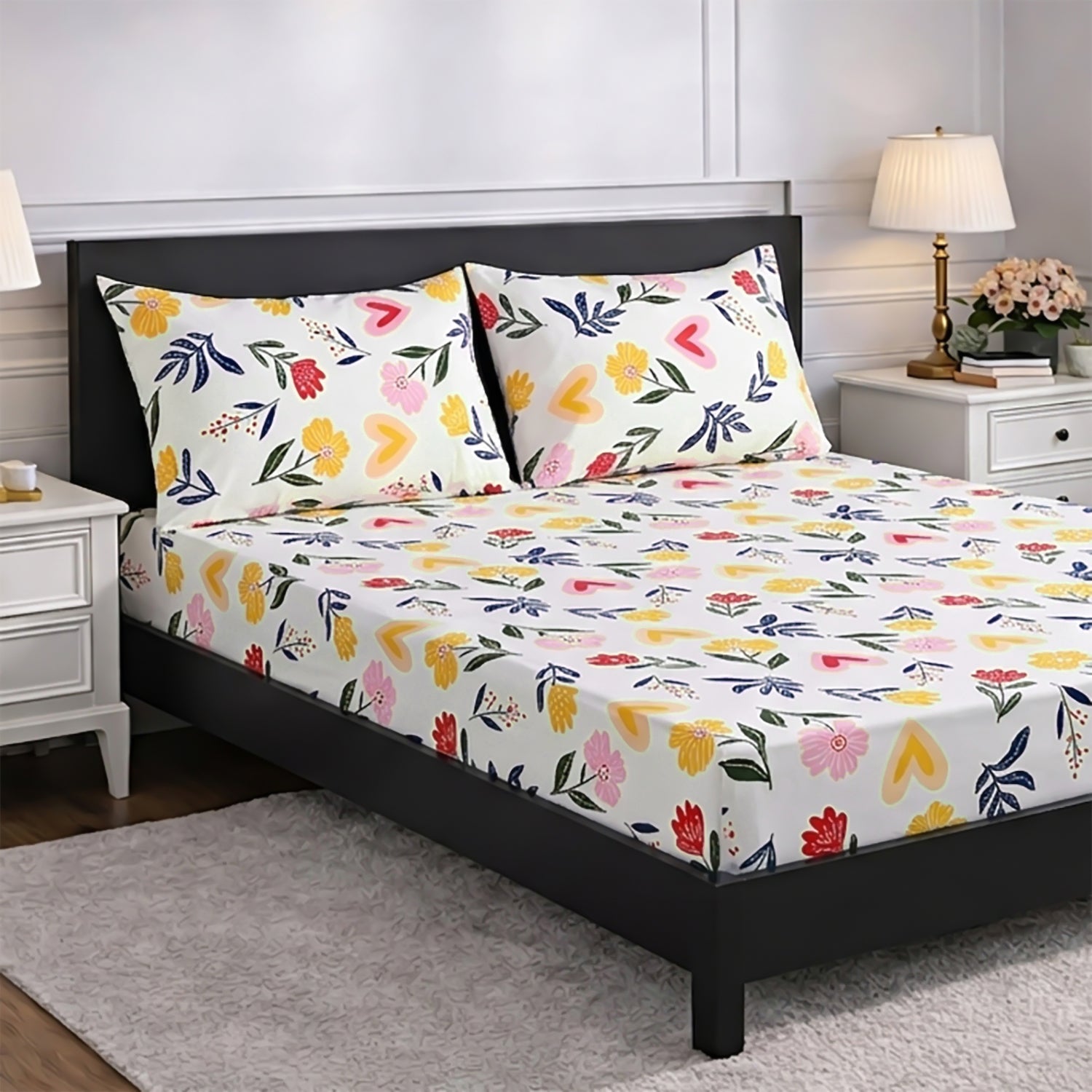 Livmore Set of 3 Printed Micro Fitted Sheets With 2 x Pillow Cases King Bed (Size 150x200x30 Cm) - White, Yellow &amp; Multicolour V32513229 3