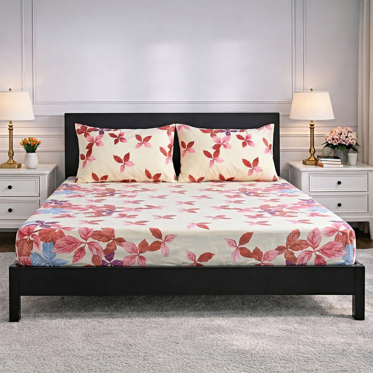 Livmore Set of 3 Printed Micro Fitted Sheets With 2 x Pillow Cases King Bed (Size 150x200x30 Cm) - Cream &amp; Rose Pink V32514813 2
