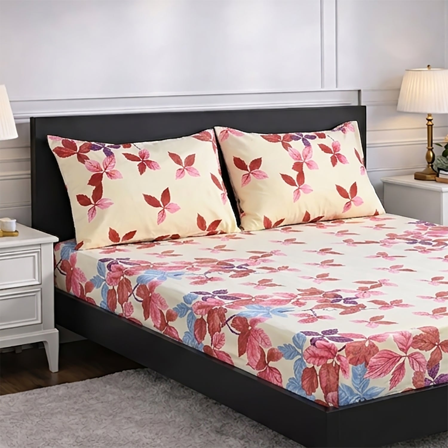 Livmore Set of 3 Printed Micro Fitted Sheets With 2 x Pillow Cases King Bed (Size 150x200x30 Cm) - Cream &amp; Rose Pink V32514813 3