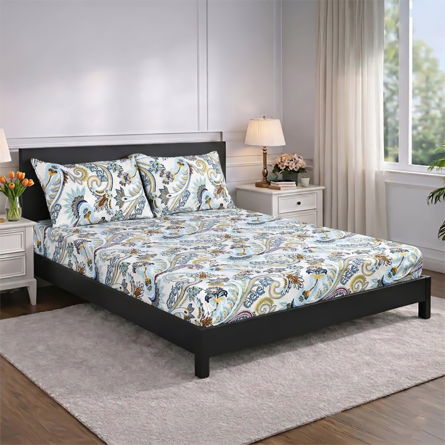 Livmore Set of 3 Printed Micro Fitted Sheets With 2 x Pillow Cases King Bed (Size 150x200x30 Cm) - Blue White &amp; Multicolour V32520746 0
