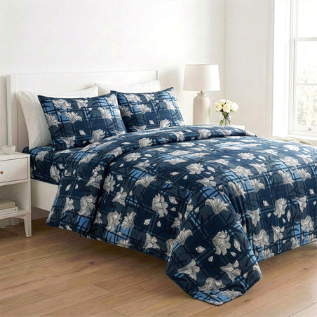 Livmore 4-Piece Floral Print Bedding Set - inc. Duvet Cover, Deep Fitted Sheet &amp; 2 Pillowcases (Double, 200x200cm) - Navy 8324302 1