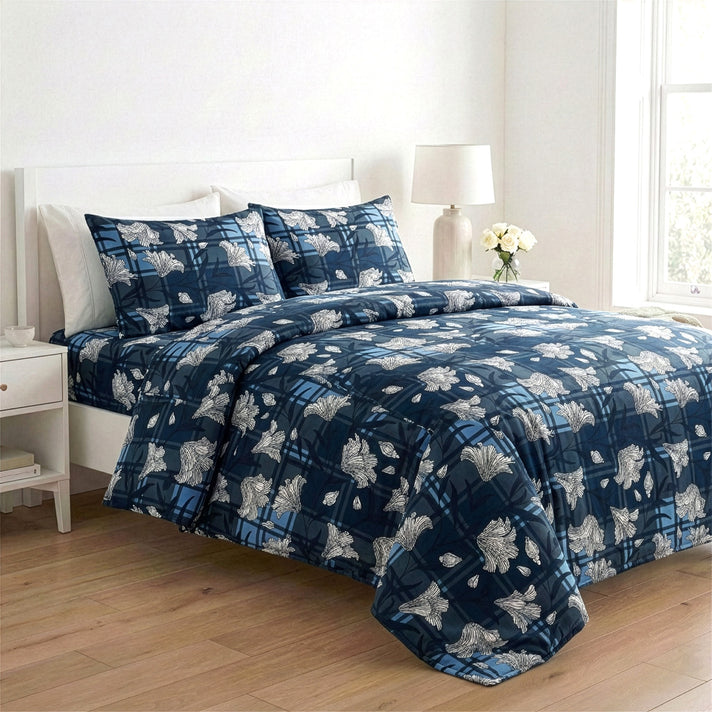 Livmore 4-Piece Floral Print Bedding Set - inc. Duvet Cover, Deep Fitted Sheet &amp; 2 Pillowcases (Double, 200x200cm) - Navy 8324302 1