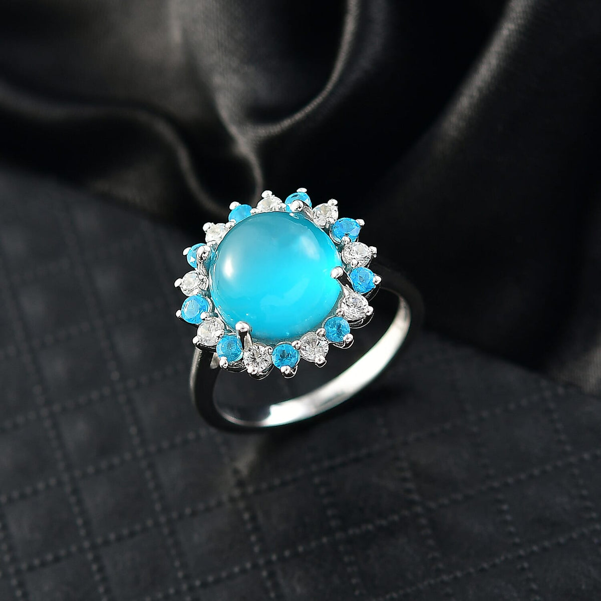 D'Joy Paraiba Moonstone, White Zircon &amp; Neon Apatite Halo Ring in Rhodium Overlay Sterling Silver 4.77 Ct. 8324650 2