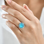 D'Joy Paraiba Moonstone, White Zircon & Neon Apatite Halo Ring in Rhodium Overlay Sterling Silver 4.77 Ct._8324650_2