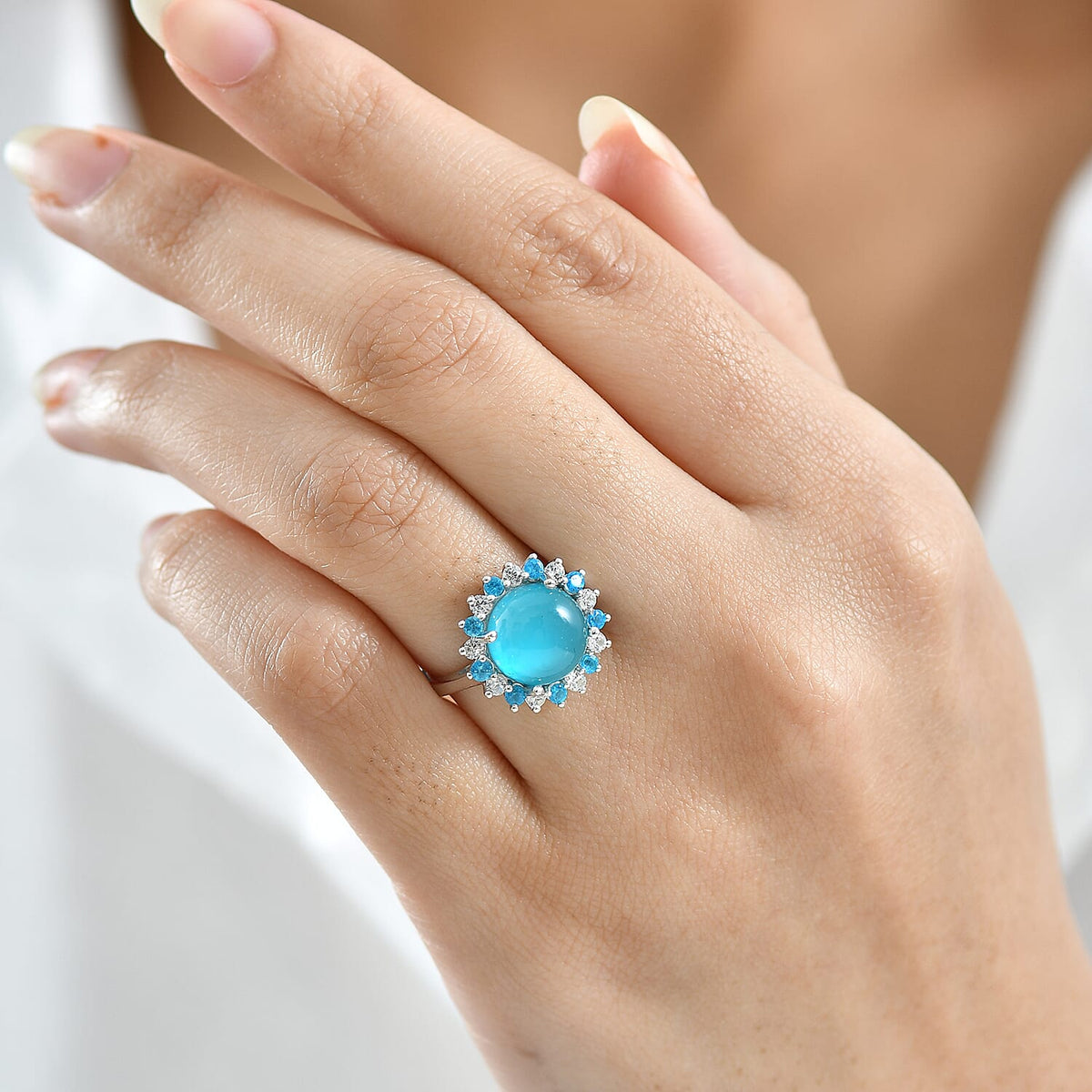 D'Joy Paraiba Moonstone, White Zircon &amp; Neon Apatite Halo Ring in Rhodium Overlay Sterling Silver 4.77 Ct. 8324650 3