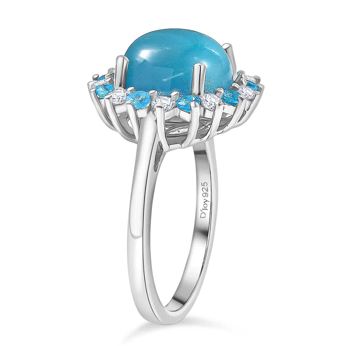 D'Joy Paraiba Moonstone, White Zircon &amp; Neon Apatite Halo Ring in Rhodium Overlay Sterling Silver 4.77 Ct. 8324650 4