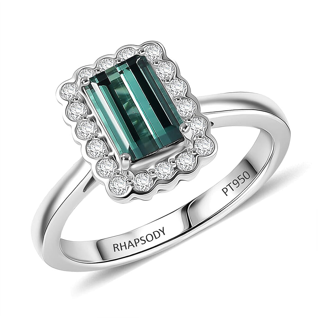 Rhapsody 950 Platinum AAAA Lagoon Tourmaline White Diamond VS Main Stone With Surrounding Stone Ring, Platinum Wt.5.75 Gms  2.130  Ct._8325655