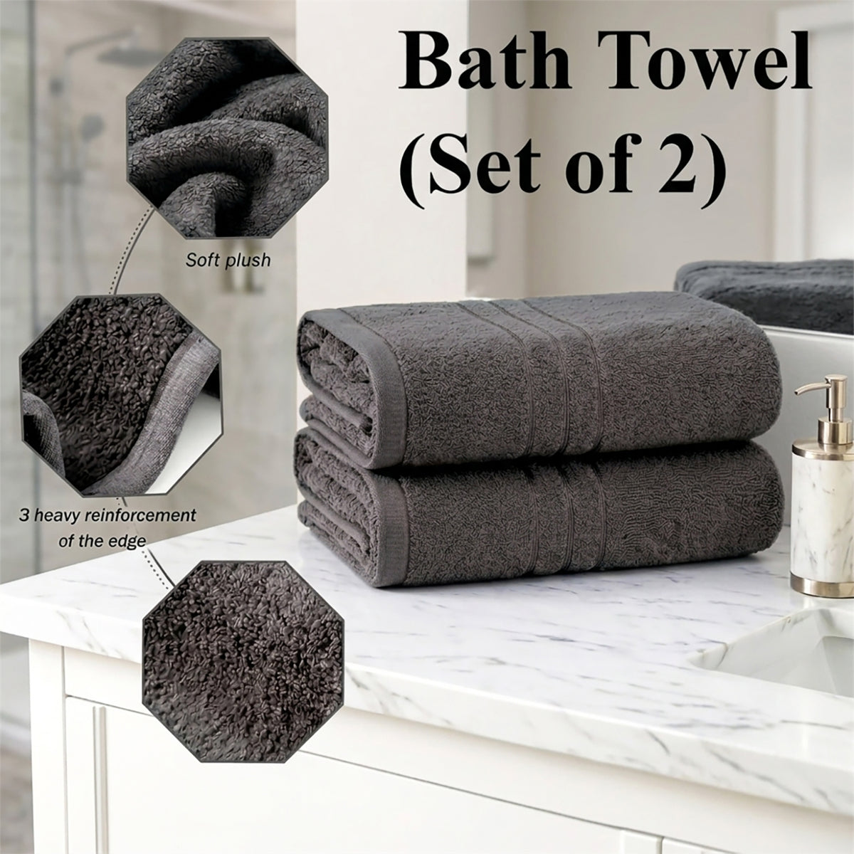 Livmore Set of 2 - Cotton Bath Sheets 550GSM (Size 88x172cm) - Charcoal Grey V32533780 3