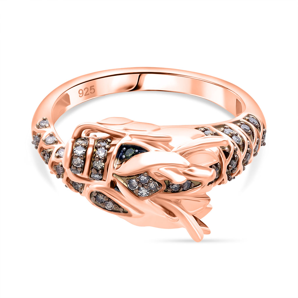 GP - Dragon Collection Natural Champagne Diamond (SI/CP), Kanchanaburi Blue Sapphire & Green Diamond Ring in 18K Vermeil Rose Gold Plated Sterling Silver 0.25 Ct, Silver Wt. 5.20 Gms._8326347
