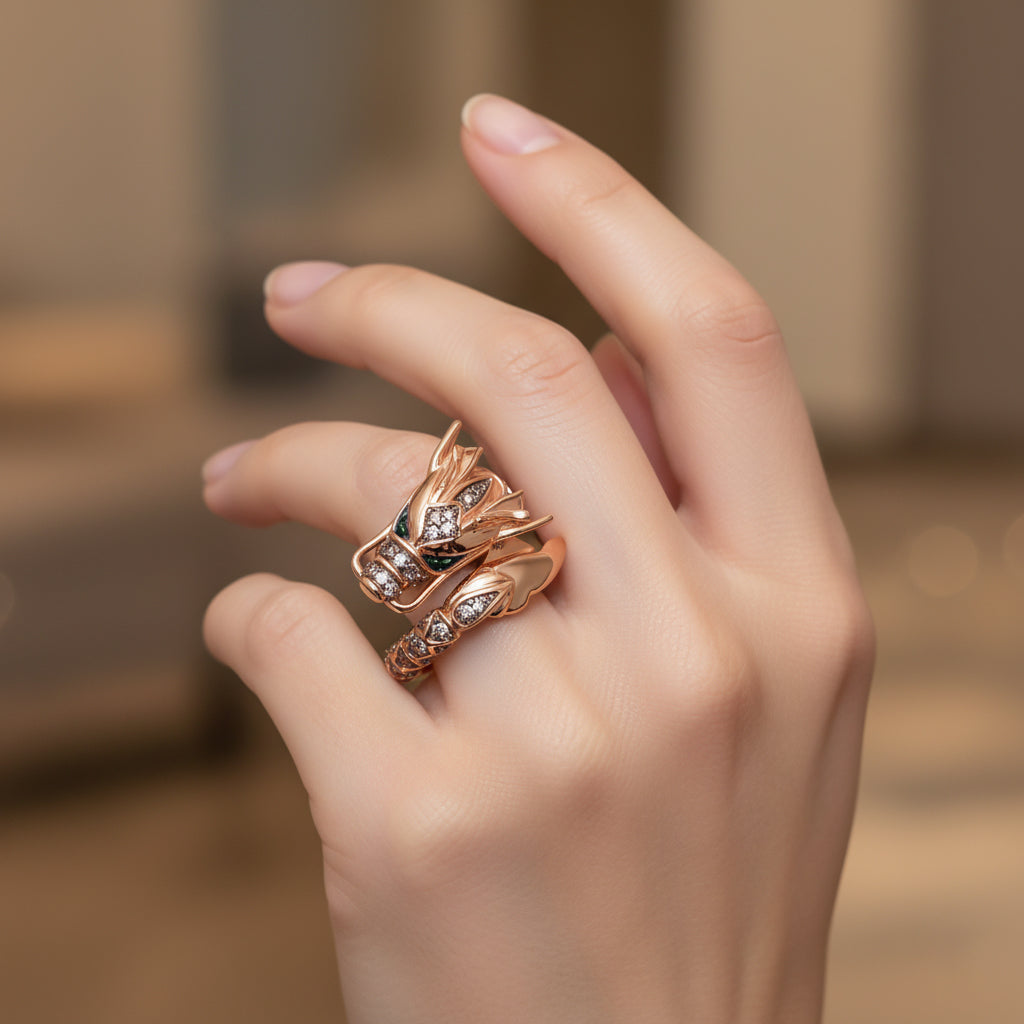 GP - Dragon Collection Natural Champagne Diamond (SI/CP), Kanchanaburi Blue Sapphire &amp; Green Diamond Ring in 18K Vermeil Rose Gold Plated Sterling Silver 0.25 Ct, Silver Wt. 5.20 Gms. 8326347 2