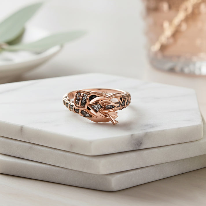 GP - Dragon Collection Natural Champagne Diamond (SI-CP), Kanchanaburi Blue Sapphire &amp; Green Diamond Ring in 18K Vermeil Rose Gold Plated Sterling Silver 0.25 Ct, Silver Wt. 5.20 Gms. 8326349 2