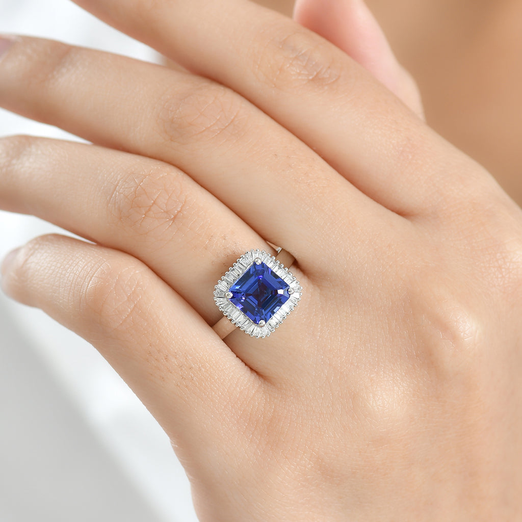 Royal Asscher Cut Collection - Rhapsody 950 Platinum AAAA Tanzanite (2.75 Ct.) and Natural Diamond (VS/EF) Halo Ring 3.06 Ct, Platinum Wt. 5.65 Gms_8326623_3
