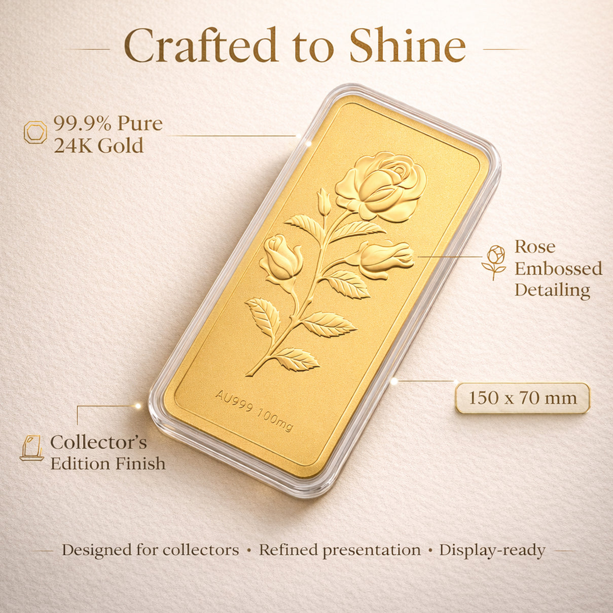 24K Yellow Gold (99.9% Purity) Rose Embossed Collectable (150 x 70 MM) 8328559 4