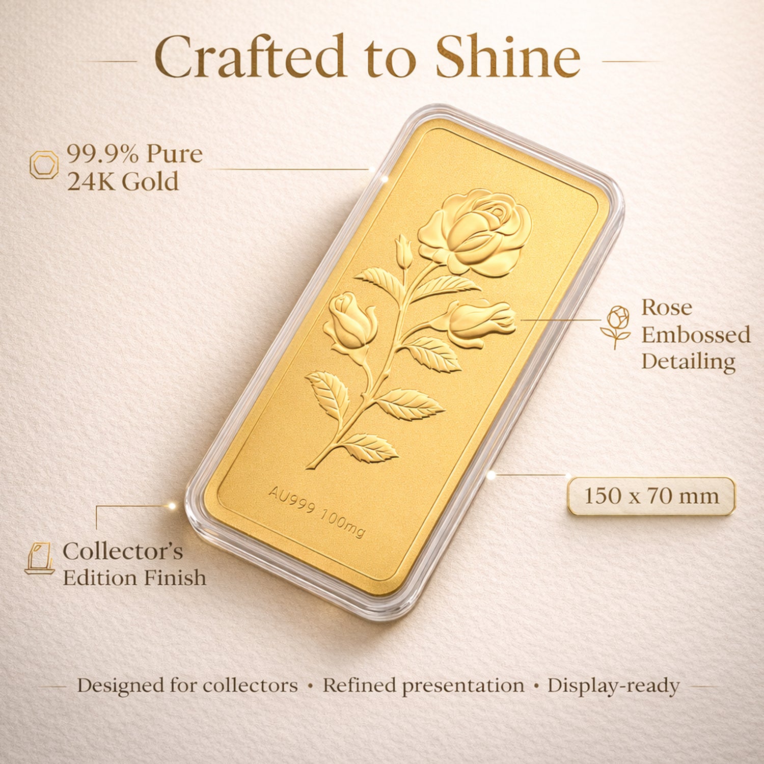 24K Yellow Gold (99.9% Purity) Rose Embossed Collectable (150 x 70 MM) 8328559 4