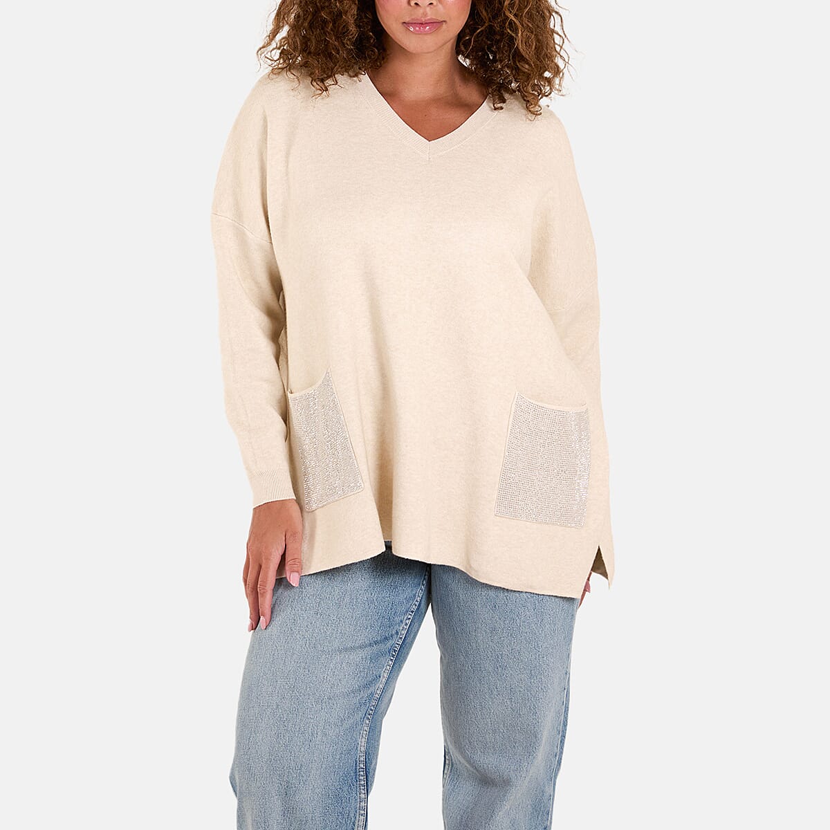 Paramour London V-Neck Embellished Pocket Jumper (Size 10-22) - Ivory 8341815 1