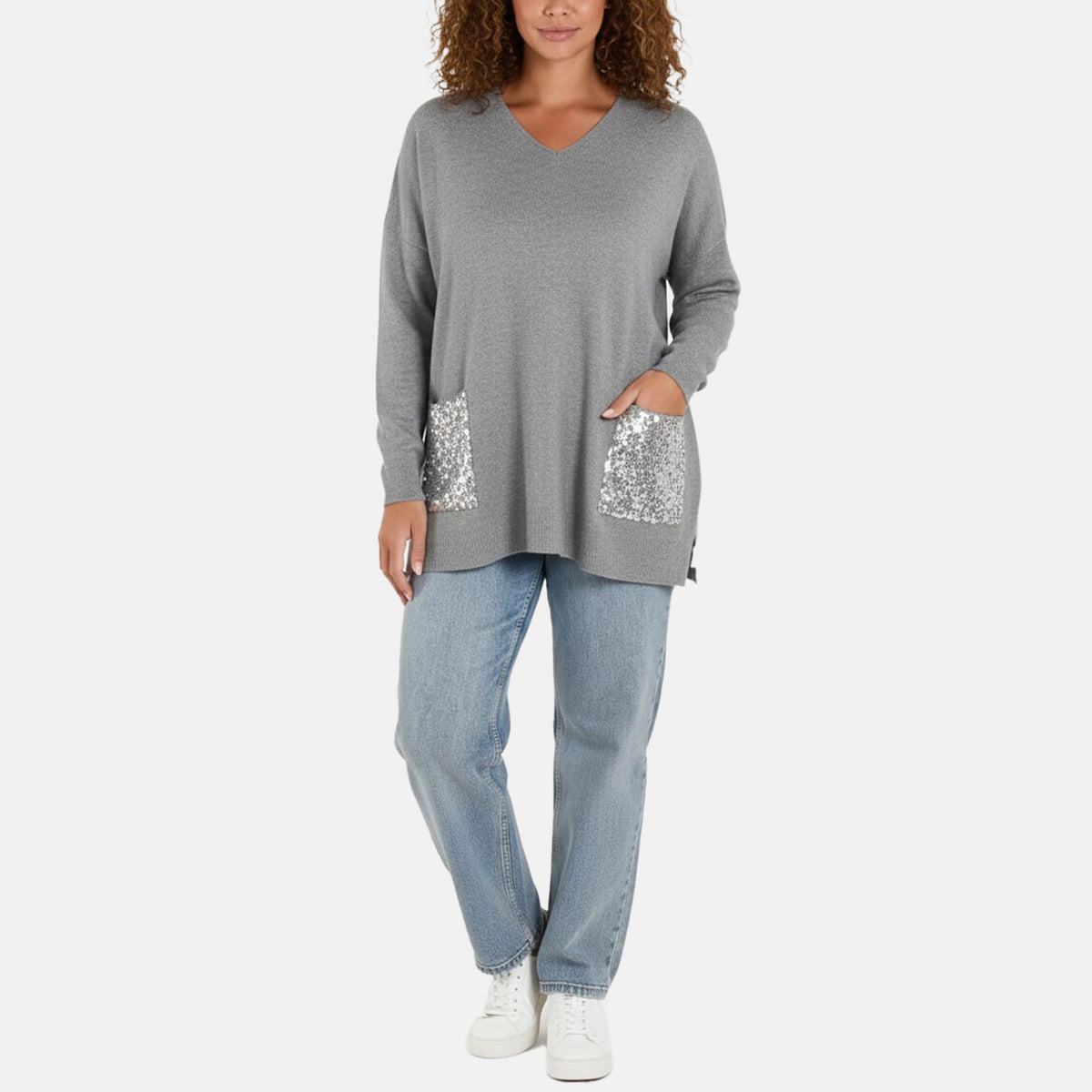 Paramour London V-Neck Embellished Pocket Jumper (Size 10-22) - Grey 8341816 0