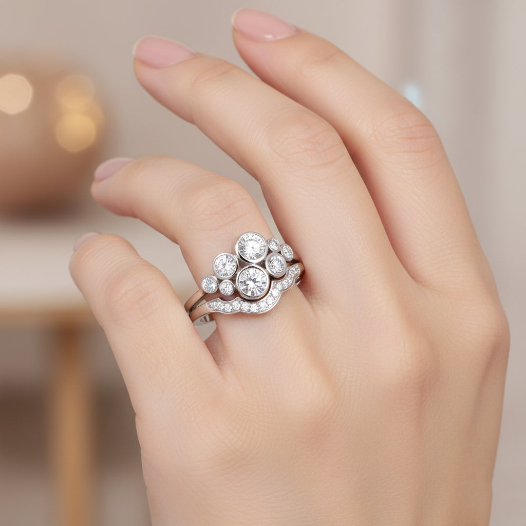 Set of 2 - Luxuriant Lab Grown Diamond (SI/GH) Bubble Cluster Ring in Rhodium Overlay Sterling Silver 1.00 Ct_8343581_2
