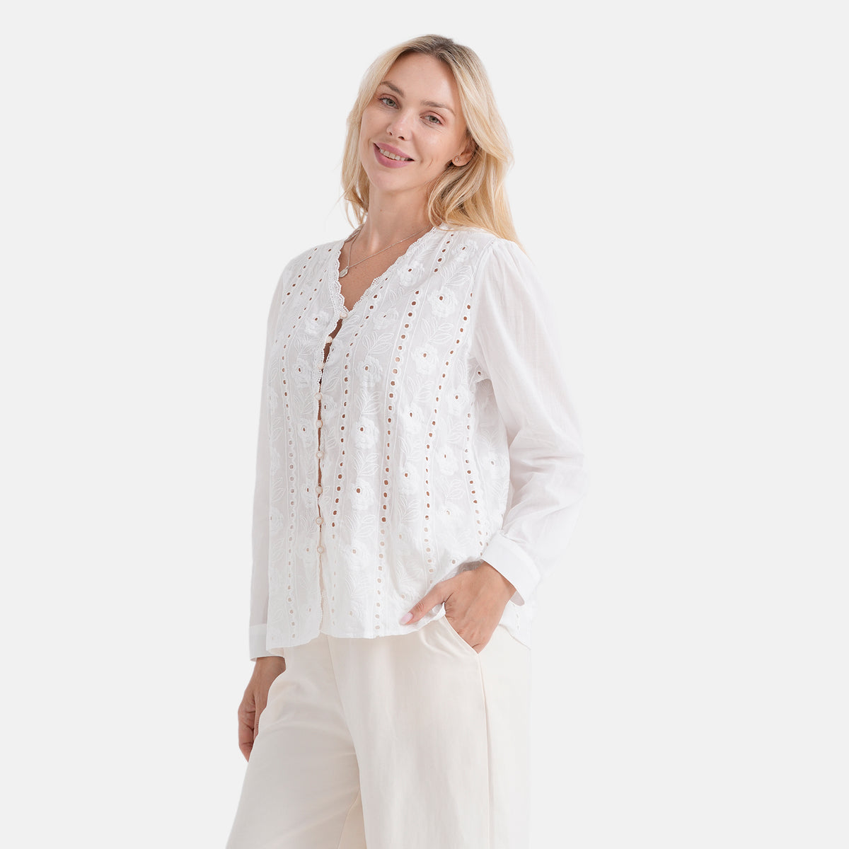 La Marey 100% Cotton Embroidered V-neck Shirt (Size 12-14) - White V32555413 4