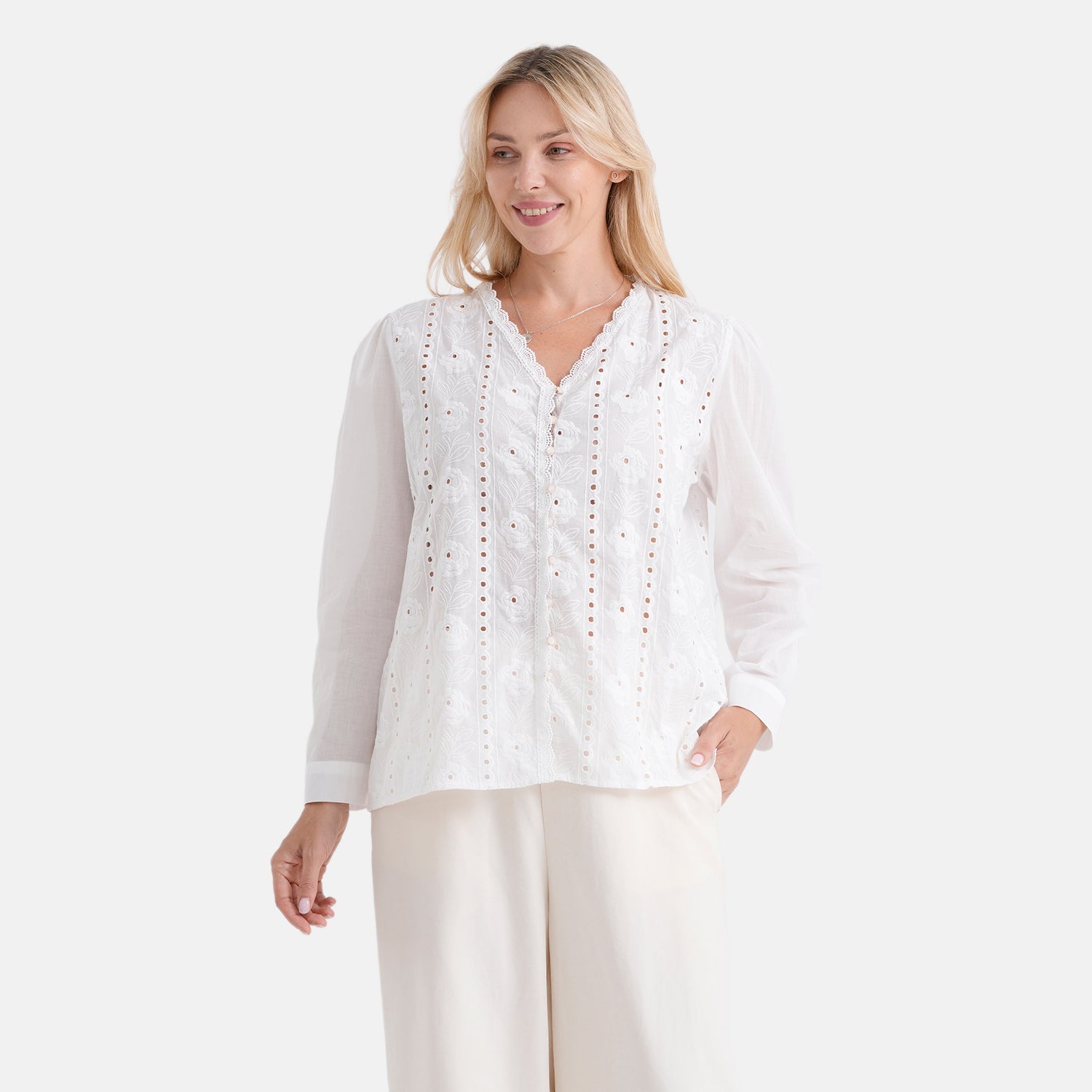 La Marey 100% Cotton Embroidered V-neck Shirt (Size 16-18) - White V32514308 0