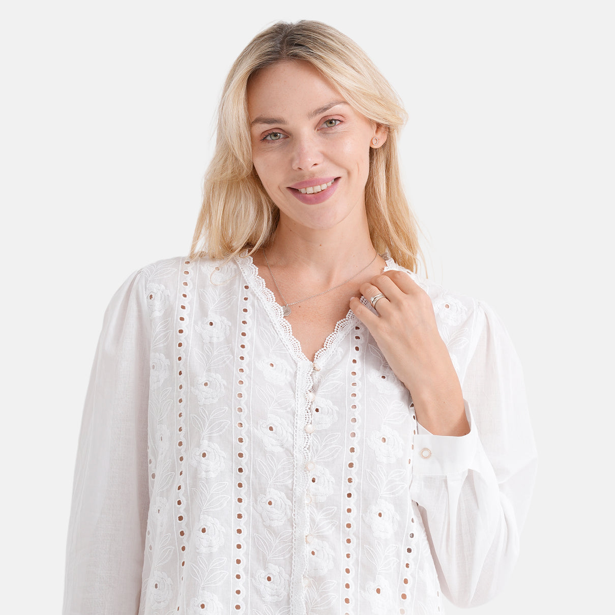 La Marey 100% Cotton Embroidered V-neck Shirt (Size 16-18) - White V32514308 5