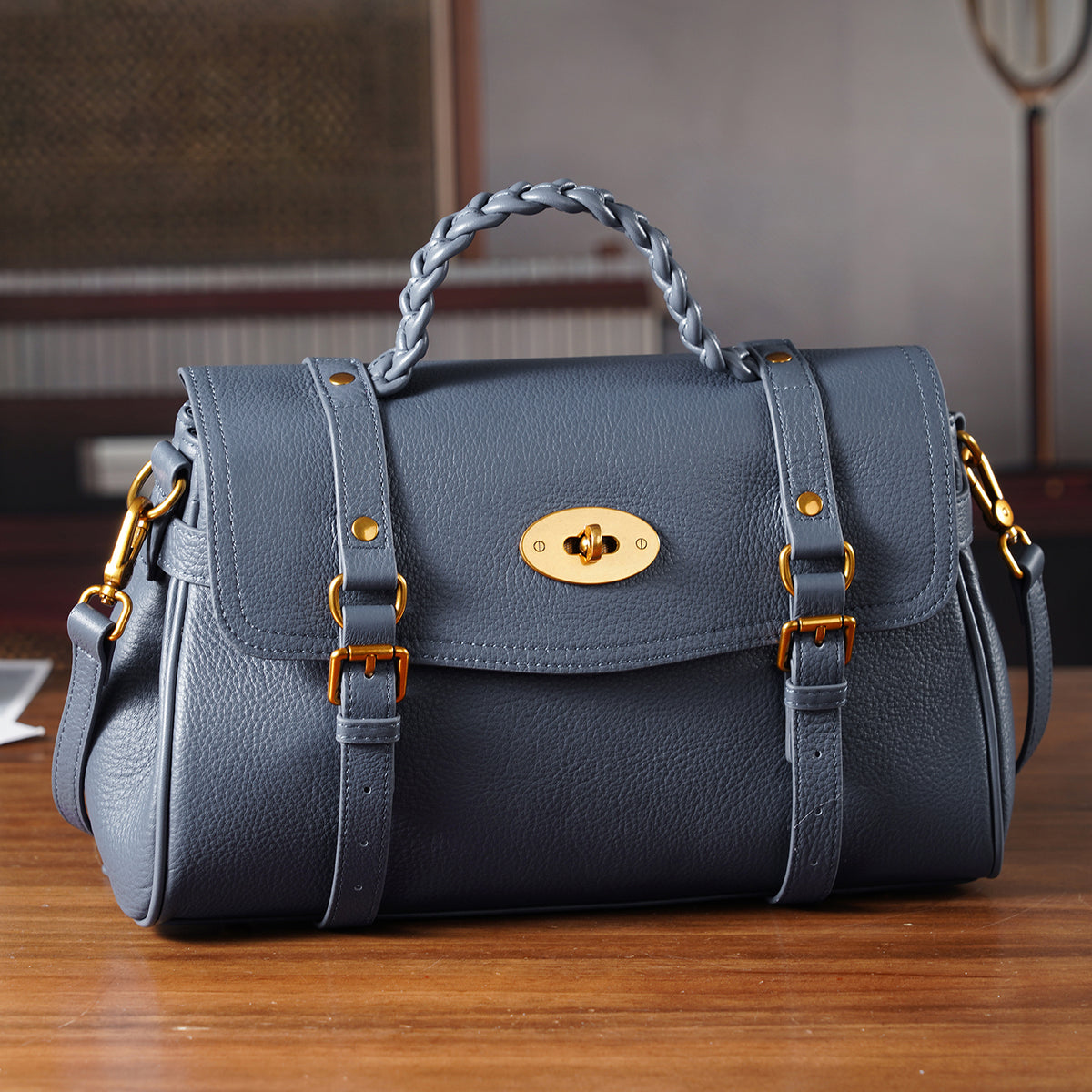 La Marey Signature Genuine Leather Satchel Bag - Blue 8345551 2