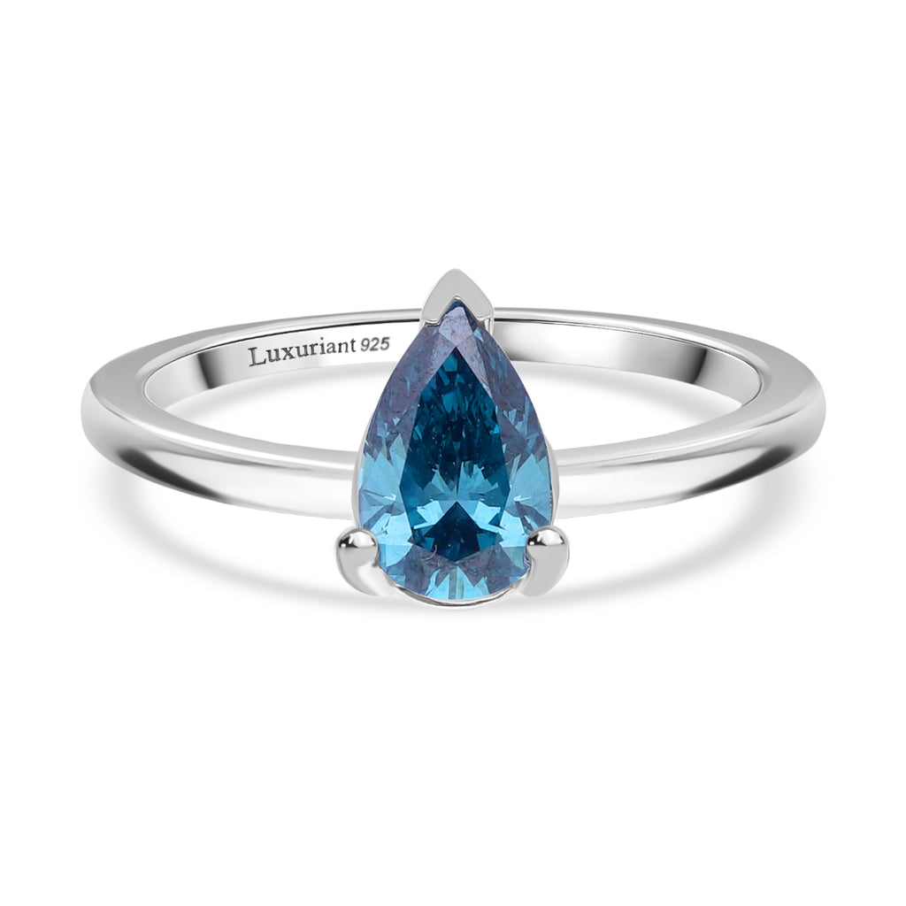 Luxuriant Lab Grown Blue Diamond (VS INTENSE BLUE) Pear Ring in Rhodium Overlay Sterling Silver 1.00 Ct._8345579