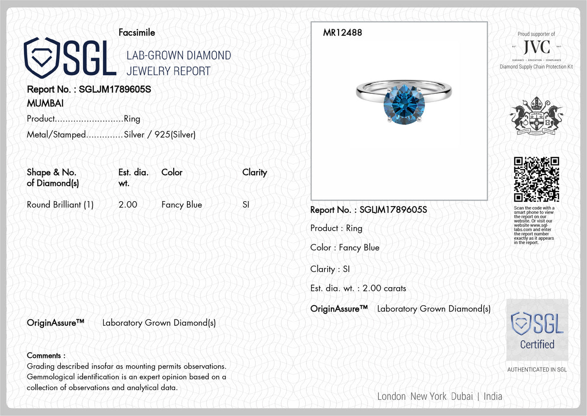 LUXURIANT 2 Ct. Lab Grown Blue Diamond Solitaire Ring in Rhodium Sterling Silver, SGL Certified 8345641 7