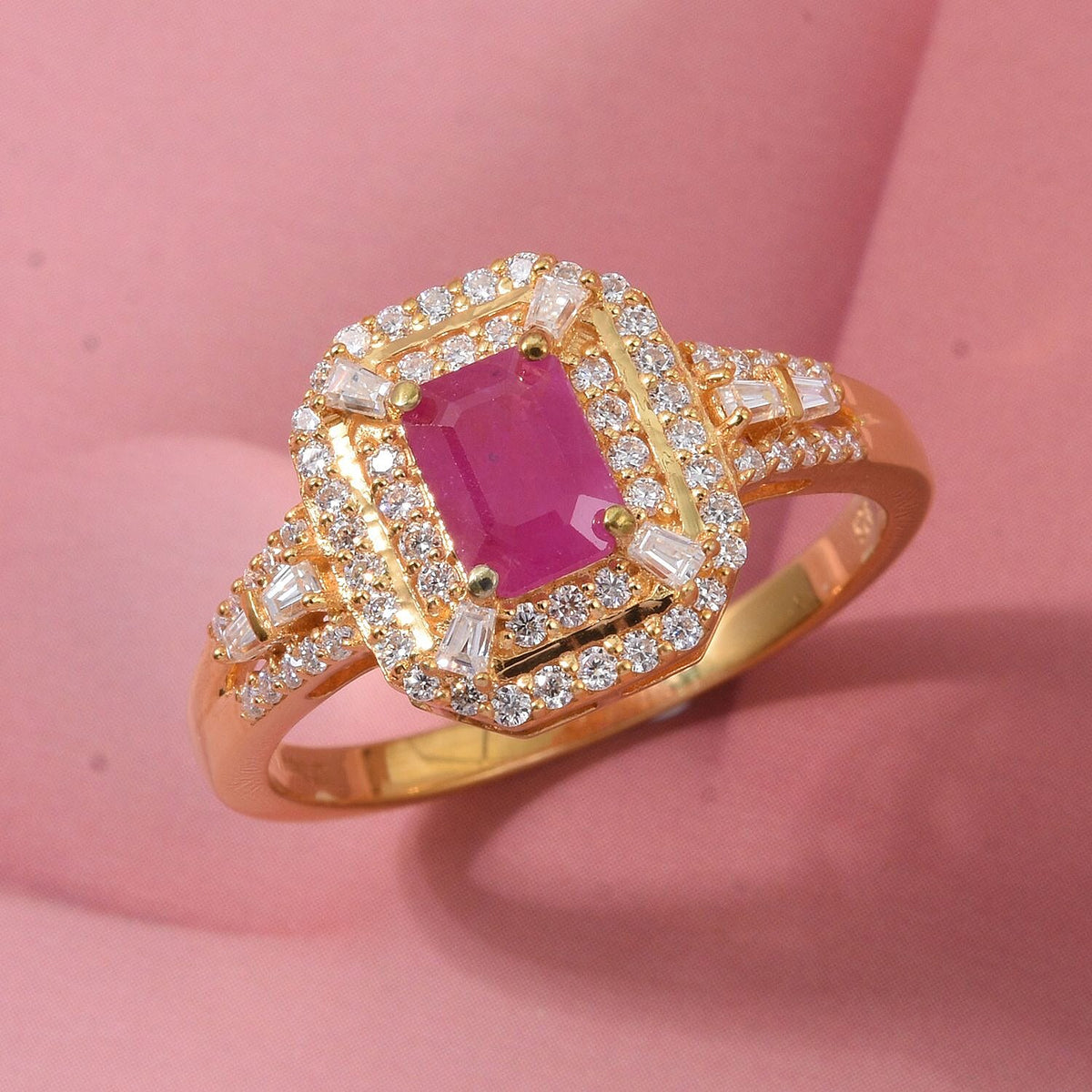 D'Joy Taveta Natural Ruby, Moissanite Halo Ring in 18K Vermeil Yellow Gold Plated Sterling Silver 2.04 Ct. V32514683 2