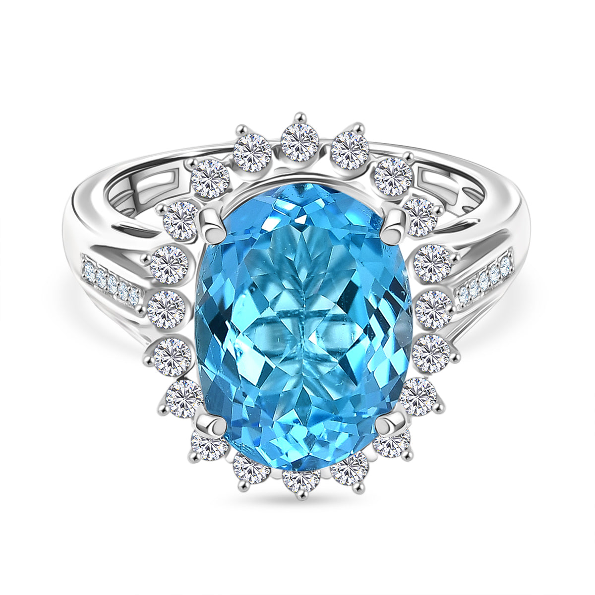 D'Joy - Swiss Blue Topaz &amp; White Zircon Halo Ring in Rhodium Overlay Sterling Silver 7.55 Ct. 8349414 0