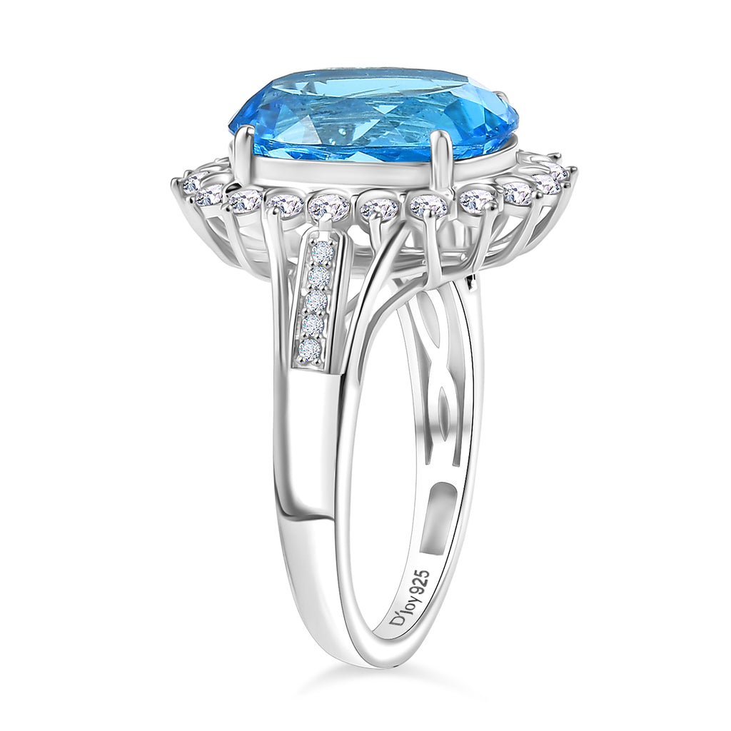 D'Joy - Swiss Blue Topaz & White Zircon Halo Ring in Rhodium Overlay Sterling Silver 7.55 Ct._8349414_3