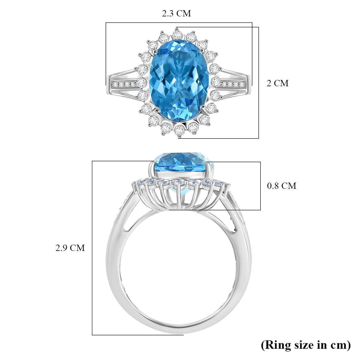 D'Joy - Swiss Blue Topaz &amp; White Zircon Halo Ring in Rhodium Overlay Sterling Silver 7.55 Ct. 8349414 6