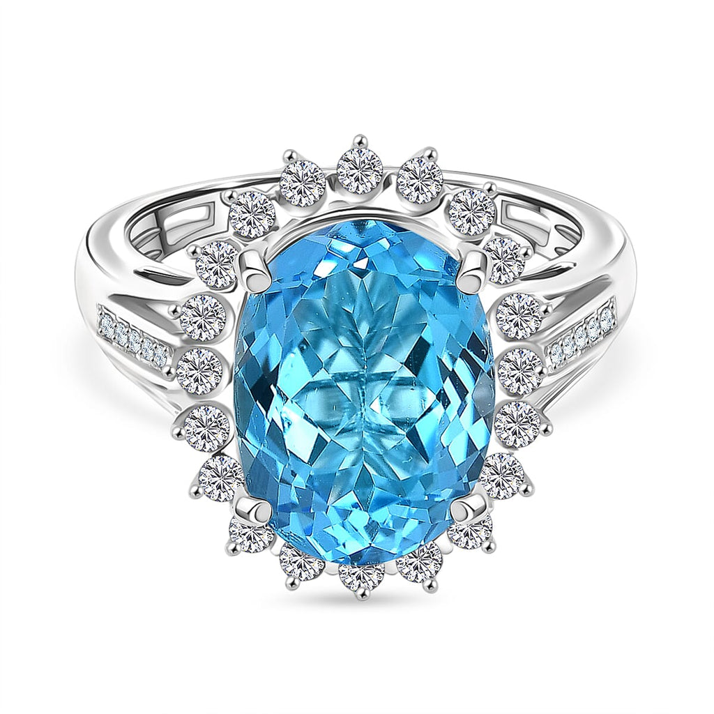 D'Joy - Swiss Blue Topaz & White Zircon Halo Ring in Rhodium Overlay Sterling Silver 7.55 Ct._8349416
