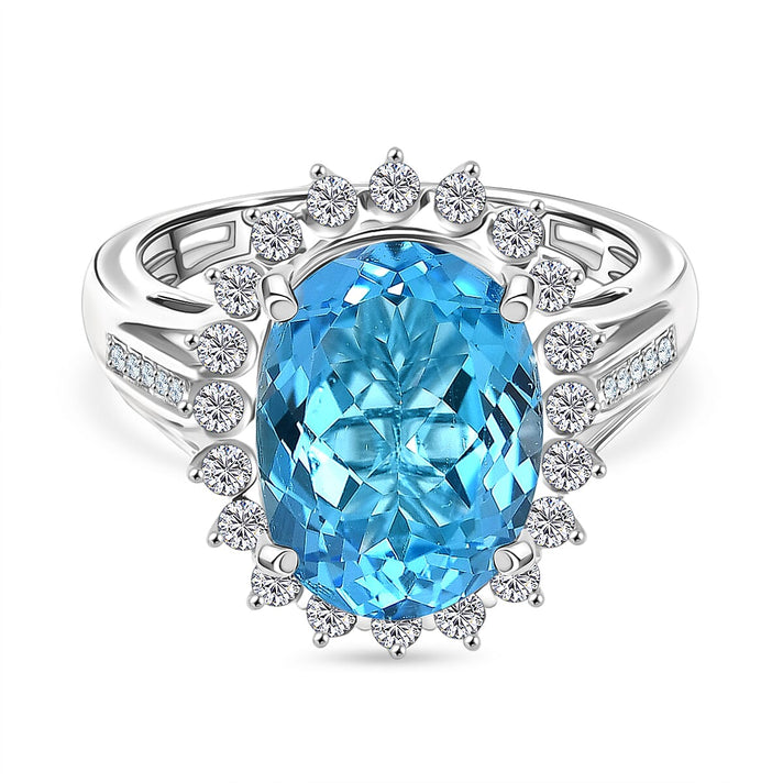 D'Joy - Swiss Blue Topaz &amp; White Zircon Halo Ring in Rhodium Overlay Sterling Silver 7.55 Ct. 8349416 1