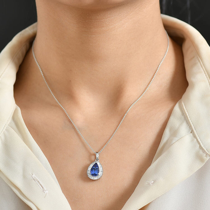 RHAPSODY - 950 Platinum AAAA Tanzanite and Natural Diamond (VS-E-F) Pear Cut Halo Pendant 3.00 Ct, Platinum Wt. 3.00 Gms 8349463 2
