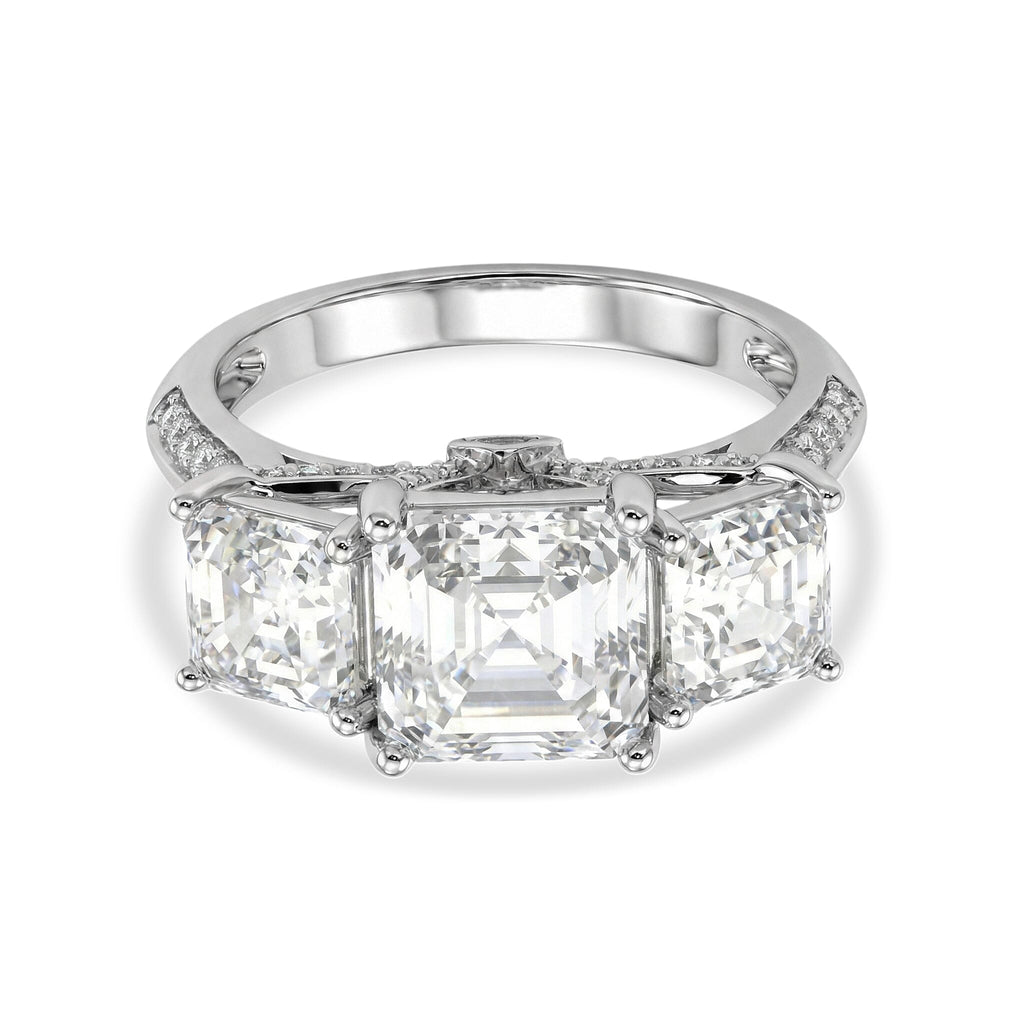 D'Joy - Royal Asscher Cut Moissanite Trilogy Ring in Rhodium Overlay Sterling Silver 5.52 Ct._8350903