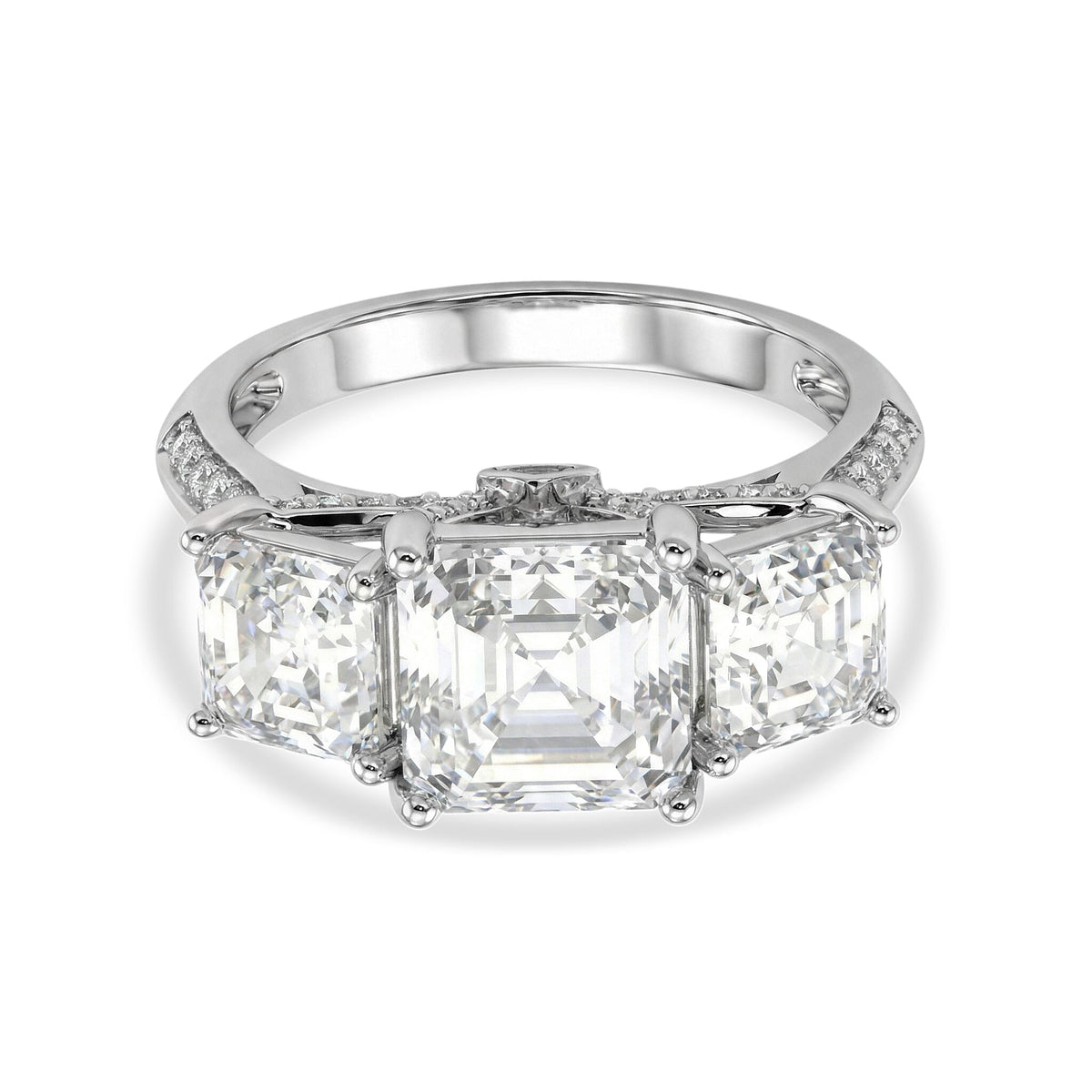 D'Joy - Royal Asscher Cut Moissanite Trilogy Ring in Rhodium Overlay Sterling Silver 5.52 Ct. V32524071 0