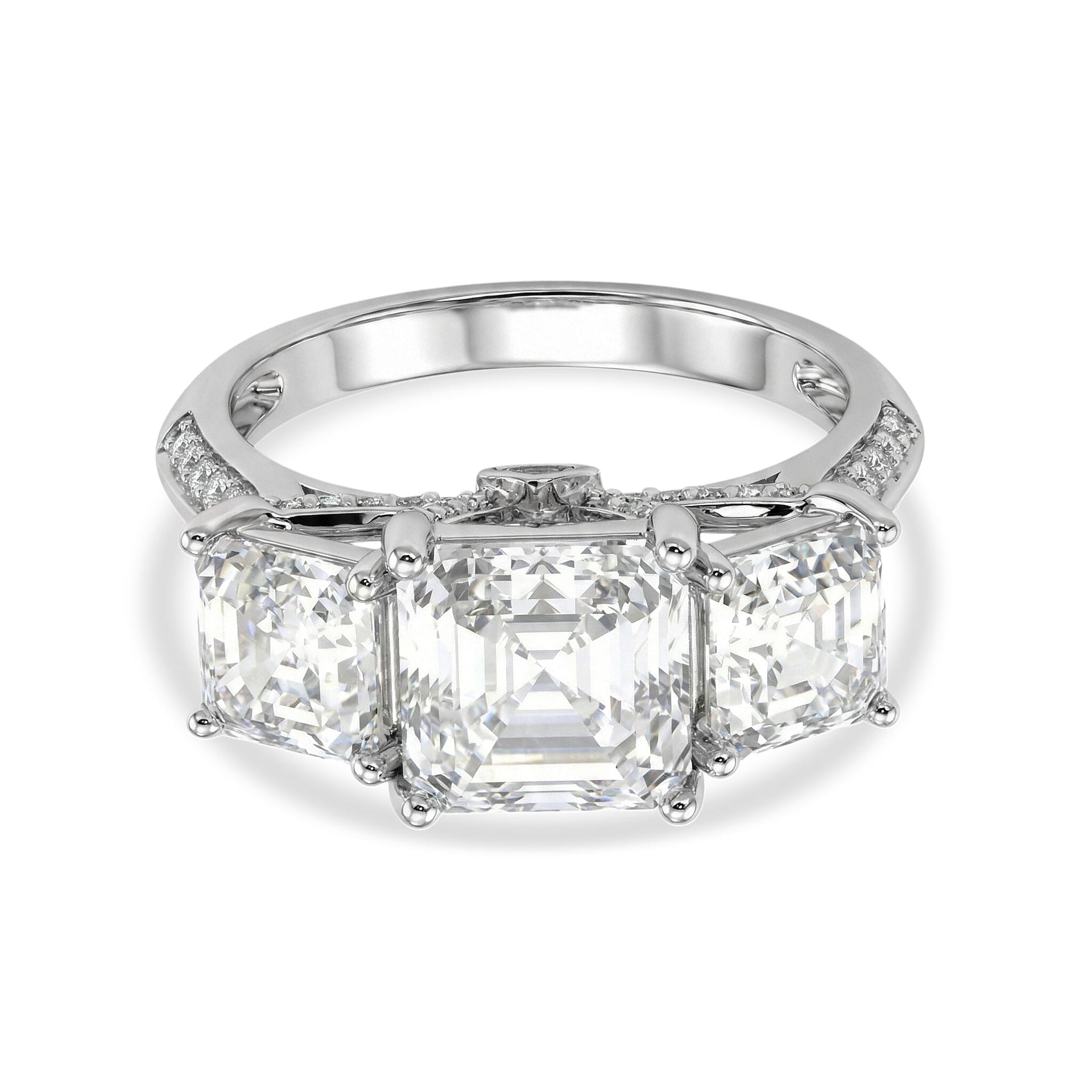 D'Joy - Royal Asscher Cut Moissanite Trilogy Ring in Rhodium Overlay Sterling Silver 5.52 Ct. V32524071 0