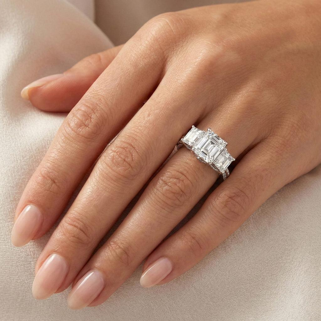 D'Joy - Royal Asscher Cut Moissanite Trilogy Ring in Rhodium Overlay Sterling Silver 5.52 Ct._8350903_2
