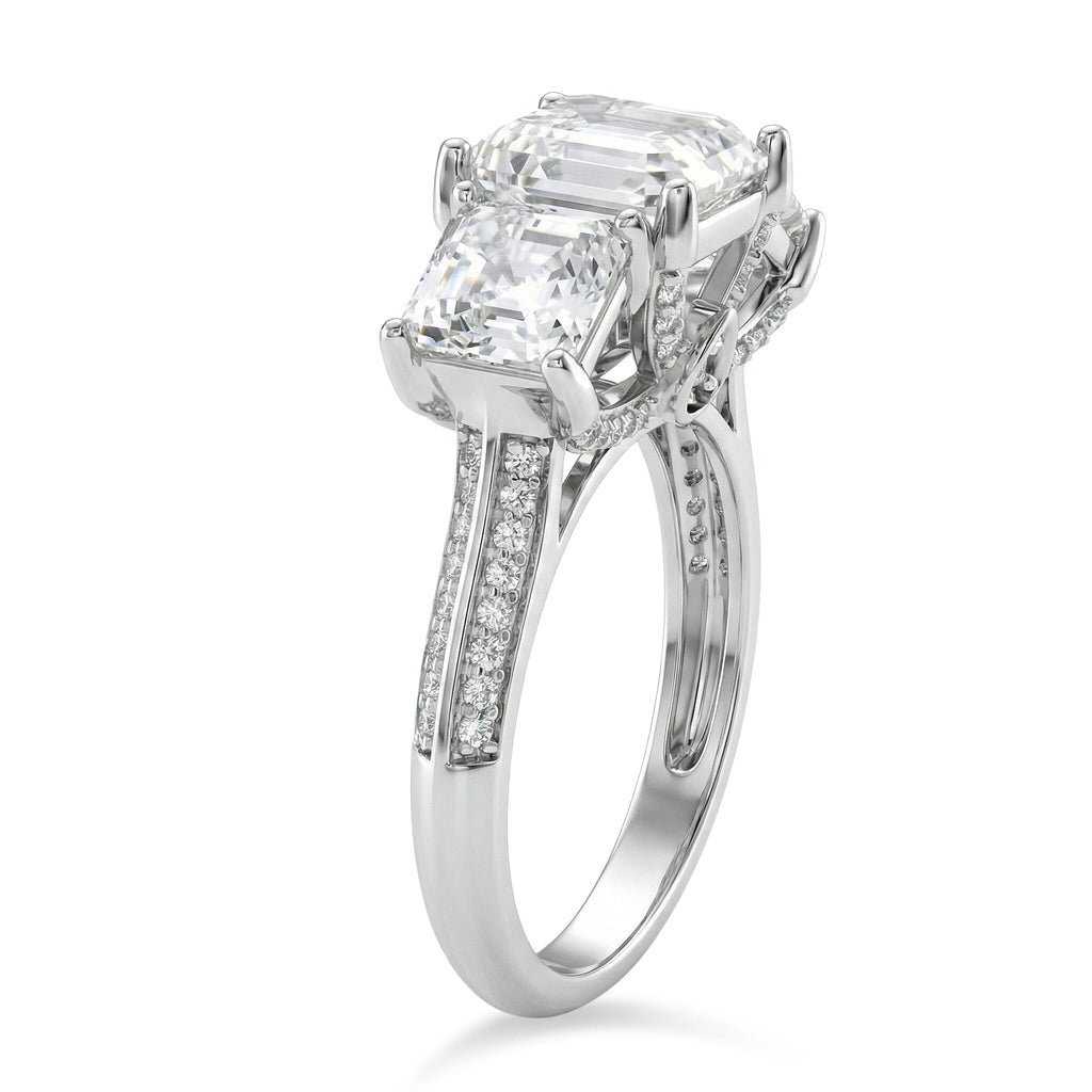 D'Joy - Royal Asscher Cut Moissanite Trilogy Ring in Rhodium Overlay Sterling Silver 5.52 Ct._8350903_3