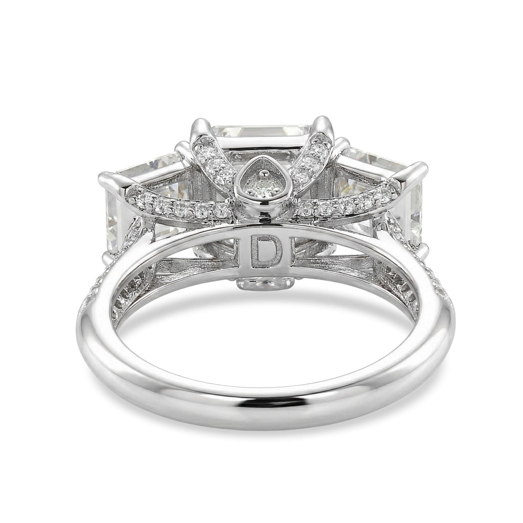 D'Joy - Royal Asscher Cut Moissanite Trilogy Ring in Rhodium Overlay Sterling Silver 5.52 Ct._8350903_4