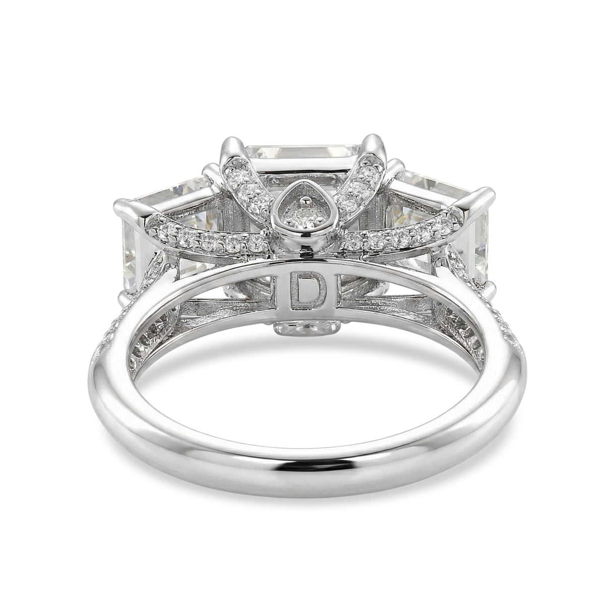 D'Joy - Royal Asscher Cut Moissanite Trilogy Ring in Rhodium Overlay Sterling Silver 5.52 Ct. V32524071 5
