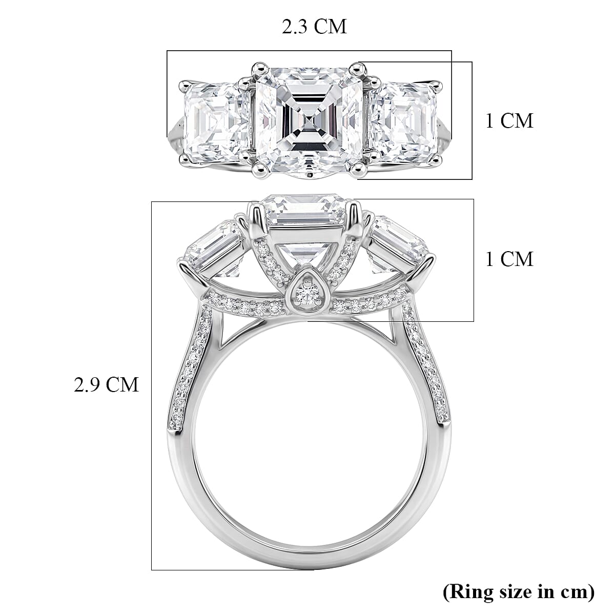 D'Joy - Royal Asscher Cut Moissanite Trilogy Ring in Rhodium Overlay Sterling Silver 5.52 Ct. V32524071 6
