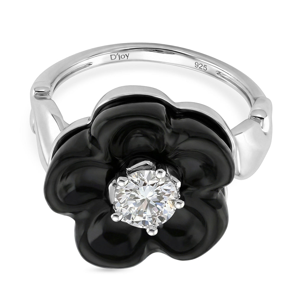 Black Jade Flower & Lab Grown Diamond (SI/GH- 0.50 ct) Ring in Rhodium Overlay Sterling Silver._8350991