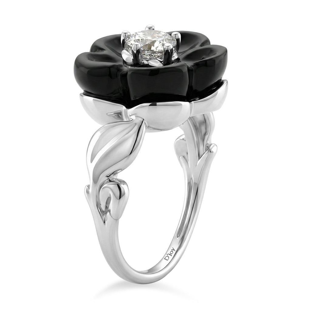 Black Jade Flower & Lab Grown Diamond (SI/GH- 0.50 ct) Ring in Rhodium Overlay Sterling Silver._8350991_3